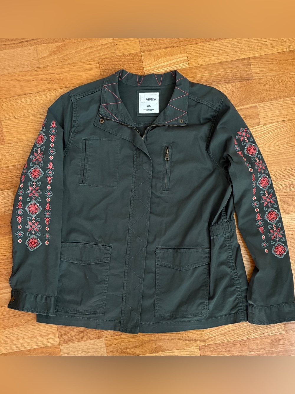 Sonoma Womens Olive Green Utility Jacket Cinched Waist Military Style XL